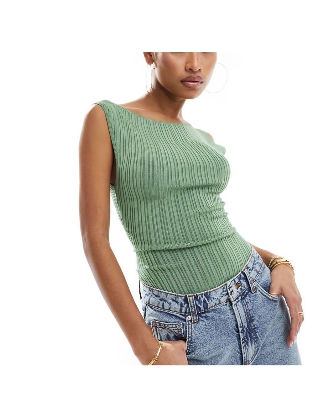Abercrombie & Fitch Glossy Slash Ribbed Knit Stretchy High Neck Bodysuit